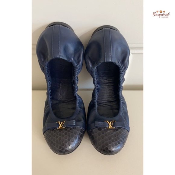 Authentic Louis Vuitton Navy Leather Reptile Toe Bow Scrunch Ballet Flats 37/7 - Picture 11 of 13